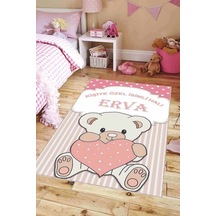 Pembe Kaymaz Tabanlı Bebek Halısı Ayıcıklı İsimli Halı Kd01n11