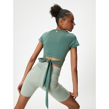 Koton Crop Spor Tişört Bağlama Detaylı Bisiklet Yaka Slim Fit Khakı 4sak10323nk Haki