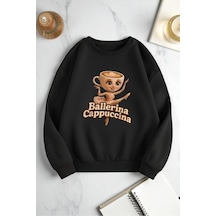 Uyguntarz Unisex Ballerina Cappucina Baskılı Oversize Bisiklet Yaka Sweatshirt siyah