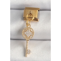 316l Çelik Gold Renk Sallantı Zirkon Taşlı Anahtar Model Nomination Charm Altın