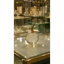 Sarı Kristal Elma Biblo Orta Boy 8.5 Cm Dekoratif Cam Elma Süsü Gold Yapraklı