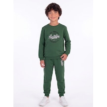 Onloox Erkek Koyu Yeşil Erkek Koyu Yeşil Pamuklu Bisiklet Yaka Dar Paça Regular Kesim Baskılı Eşofman Takımı 4-7 Yaş
