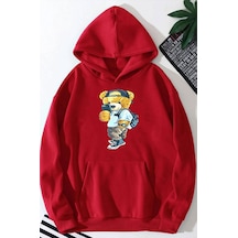 Medinenur Peluş Ayı Baskılı Kapüşonlu Sweatshirt Kırmızı