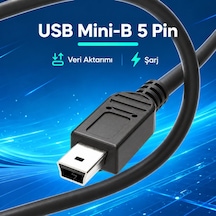 Mini Usb B 5 Pin Kablo 1.5 Metre Veri Aktarım Ve Şarj Bağlantı Kablosu Siyah