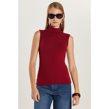 Tudors Kadın Regular Fit Klasik Kesim Viskon Kumaş Balıkçı Yaka Sıfır Kol Bordo Bluz-34816 Bordo