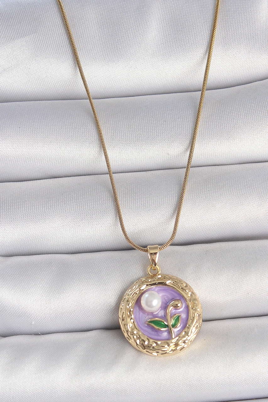 Dodes Dodes 316l Çelik Gold Renk Zincir Mor Çiçek İşlemeli İnci Detay Potre Model Kadın Kolye Tg27bk Çok renkli