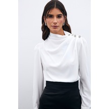 Sateen Düğmeleri Taş Detaylı Bluz - Ekru