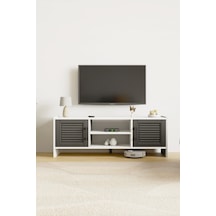 Molde Retro Tv Sehpası Mdf Membran Kapaklı Raflı Tv Ünitesi Televizyon Sehpası Beyaz - Antrasit