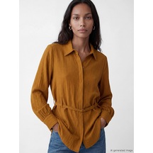 Lcw Everyday Sarı Kemerli Oversize Armürlü Kadın Gömlek Tunik