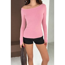 Elaxi Kadın Kayık Yaka Parmak Geçmeli Uzun Kollu Full Likralı Pamuk Viskon Buzzy Body Tişort Pembe