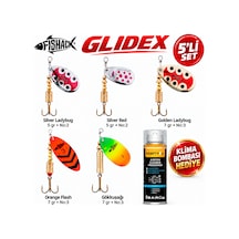 Fishack Glidex 5'li Döner Kaşık Seti + Klima Bombası - Silver Ladybug 5 Gr No:2 + Golden Ladybug 7 Gr No:3 + Orange Flash 7 Gr No:3 + Gökkuşağı 7 Gr No:3 + Silver Red 5 Gr N