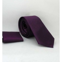 Gaffy Koyu Mor Slim Fit İnce Düz Renk Mendilli Saten Kravat - SS-21 Mor