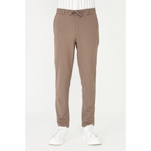 Kahverengi İnce Çizgili Dokulu Modern Kesim Bağcıklı Smart Casual Pantolon Kahve