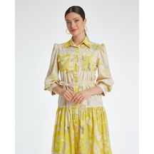 Desenli Kadın Gömlek Elbise - Cepli - Kemerli - Günlük Kullanım İçin Elbise Sarı