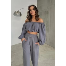 Fashion Cocktail Düşük Omuz Yazlık Lastikli Bohem Sahil Pantolon Krop Göbek Açık Kadın Takım Gri