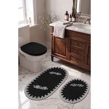 Siyah 3lü Fransız Dantelli Lüks Banyo Paspası Kaymaz Çeyizlik Oval Banyo Paspas Seti Lauris