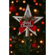 Yılbaşı Ağacı Yıldızı Kurdelalı Merry Christmas Yazılı Yılbaşı Süsü Gümüş