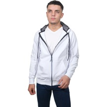 Erkek Basic Fermuarlı Beyaz Kapüşonlu Sweatshirt-131