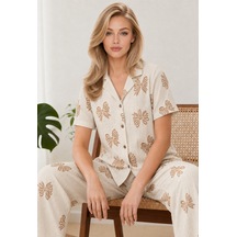 Kadın Kısa Kol Desenli Ekru Pijama Takımı 4739