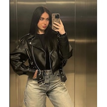 Prifaldi Oversize Bomber Fermuarlı Çift Cepli Ribanalı Siyah Deri Ceket