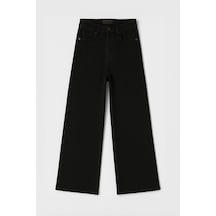 Kadın Yüksek Bel Likralı Wide Leg Siyah Jean Pantolon Siyah