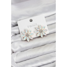 Mey İthalat Beyaz Renk Kristal Taşlı Lotus Çiçek Model Kadın Küpe Çok Renkli