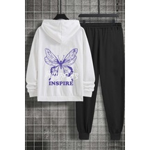 Uyguntarz Unisex Butterfly & Letter Graphic Baskılı Eşofman Takımı Beyaz