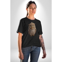 Baykuş Unisex Unisex Siyah Organik Baskılı T-shirt Penye Yüksek Kalite Siyah
