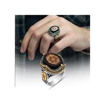 Alyans Evim  Mührü  Süleyman İşleme Sıkma Kehribar Taşlı 925 Gümüş Erkek Yüzük