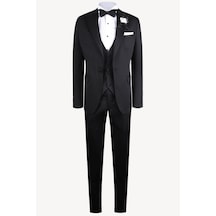 Ysf Erkek Siyah Kırlangıç Yaka Yelekli Slim Fit Desenli Damatlık