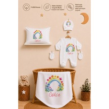 Pia Baby Kız Bebek Kişiye Özel Hastane Çıkışı Tulum Seti %100 Pamuk Organik Baskılı Battaniye Ve Yastık Kılıfı 1060tyb3x Ekru