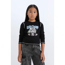 DeFacto Kız Çocuk Cropped Fit Bisiklet Yaka Baskılı Fitilli Kaşkorse Uzun Kollu Tişört D3430A824WNBK81 Siyah