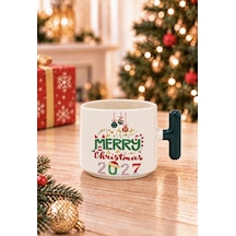Mesela Yılbaşı Kupası Merry Christmas 2027 Desenli Yeşil Kulplu Hediyelik Kahve T Kupa Bardak Beyaz