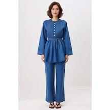 Benerly Kadın Büyük Beden Düğmeli Gömlek Kesim Denim Tunik Uzun Kol Stand Mavi