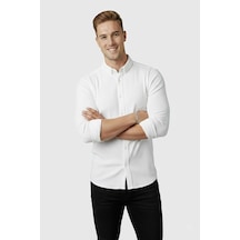 Rizzup Erkek Beyaz Slim Fit Fitilli Gömlek Likralı Esnek Kumaş Şık Model 2500805