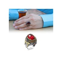 Faset Kesim Kırmızı Zirkon Taşlı Oval Tasarım 925 Ayar Gümüş Erkek Yüzük