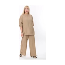 Mia Butik Büyük Beden Bej Yuvarlak Yaka Salaş Takım Bej