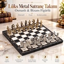 Lüks Metal Satranç Takımı Osmanlı Bizans Figürlü Krom Siyah Mermer Desenli 20x20 Premium Hediye Seti
