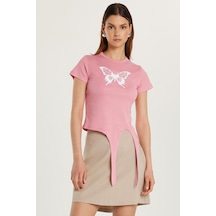 Tudors Kadın Slim Fit Dar Kesim Kısa Kollu Bağlamalı Bisiklet Yaka Baskılı Pembe Tişört-34004 Pembe
