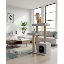 Reyo Pet Kulübeli Çift Teraslı Kedi Tırmalaması Gri