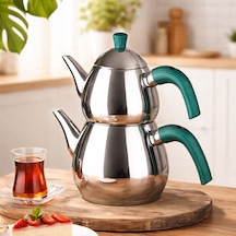 Porsima 1028-2 Damla Bakalit Kulp Orta Boy Paslanmaz Çelik Çaydanlık Takımı - Yeşil - 0.75-1.50lt