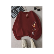 Tarzsokak Astronot Ve Gezegen Baskılı Üç İplik Ünisex Oversize Sweatshirt Kırmızı