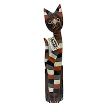Ahşap Dekoratif Kedi Çizgili 100 Cm Büyük Otantik El Yapımı Ahşap Biblo