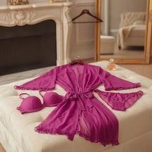 Bonbon Kadın Çeyizlik Ve Bohçalık Tül Transparan Mor Renk Sütyen, Slip Ve Sabahlık 3 Lü Paket Bb2685 Pembe