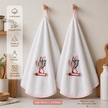 Yuvarlak Mutfak Havlusu 50 Cm 2 Li Set Yüksek Emicilik, Askı Halkalı, Nakışlı Şık Tasarım, Makinede Yıkanabilir Kurulama Bezi Beyaz