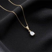Zirkon Damla Taşlı Kadın Kolye 55 Cm Paslanmaz Çelik, Işıltılı Ve Zarif Tasarım Çelik