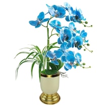 Yapay Çiçek 3lü Mavi Orkide Metal Krem Gold Saksıda Orkide 60cm