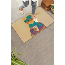 Valerine Life Kedilatte Parke Desenli Krem Rengi Welcome Hoş Geldiniz Kapı Önü Paspası 45x70cm Kahverengi