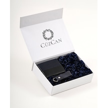 Premium Gift Rose Box - Frankfurt Lacivert Hakiki Deri Cüzdan - Anahtarlık Ve Lacivert Gül Kutusu Lacivert