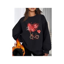 Herkesemoda Bisiklet Kalpler Baskı Detaylı Bisiklet Yaka Sweatshirt Siyah